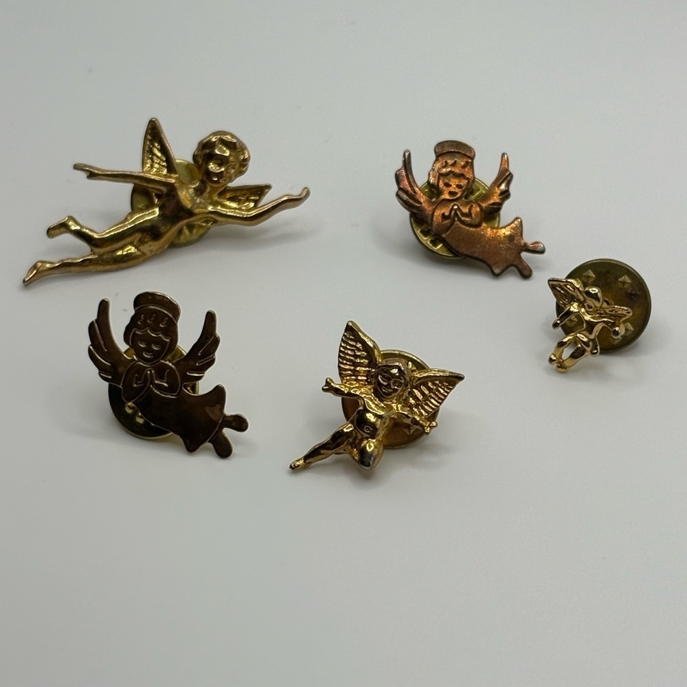 Vintage Cherub Angel Lapel Pin Lot – Gold Tone Cupid Pins (5)